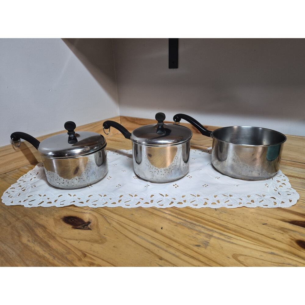 Vintage Farberware Aluminum Clad Stainless Steel Pots W/Lids 2 Qt 2.5 Qt & 3qt